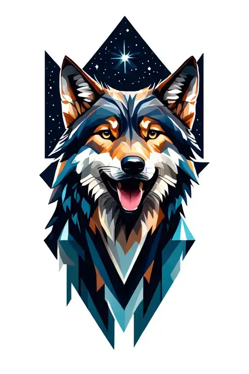 Geometric Standing Howling Wolf With Starry Sky Background