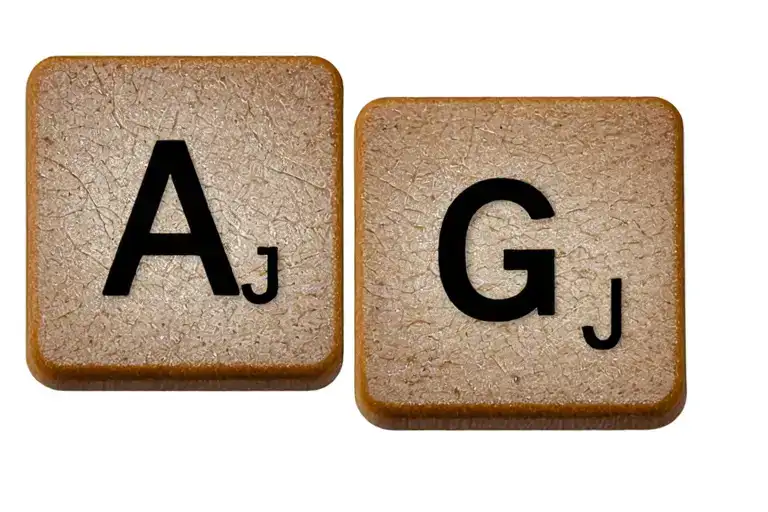 Three Scrabble Letter Tiles A G J