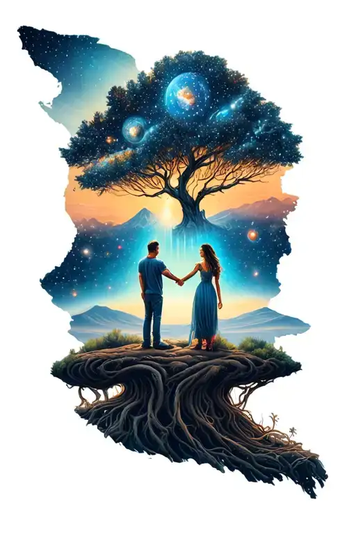 Space Trees Traveling Couple Holding Hands
