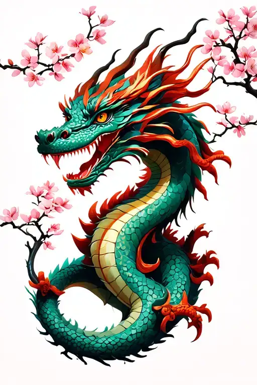 Cherry Blossom Tree And A Dragon Wrapped