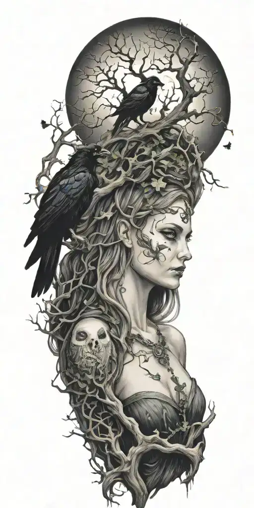 The Morrigan Irish Goddess With Crows An Old Oak Tree Growing And Bright Moonlight