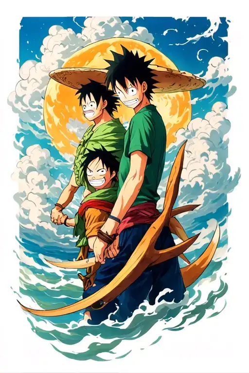 Boa Hancock And Luffy And Zoro With The Swirly One Piece Clouds As Back Ground