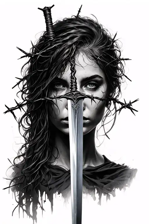Sword A Woman's Face Made Of Barbed Wire