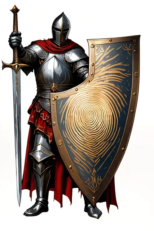 Medieval Knight Holding Sword With Fingerprint In Shield