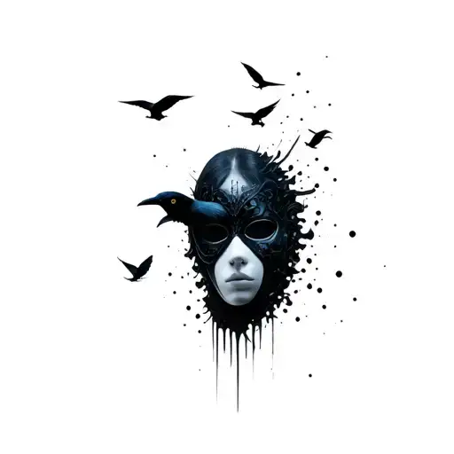 Face Of A Neutral Mask That Disintegrates With Crows That Fly Away