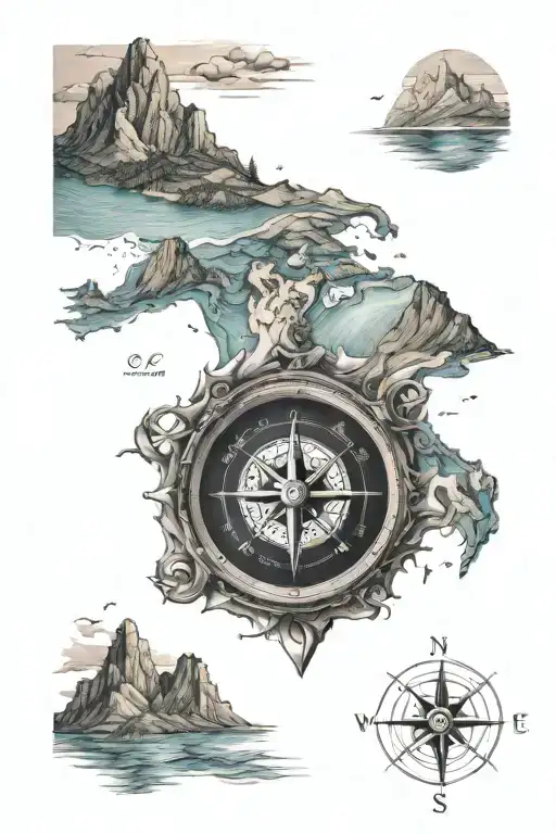 Compass Cartography Map Mountains Ocean Waves