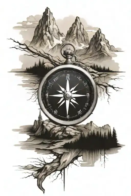 Compass Cartography Map Mountains Reflected