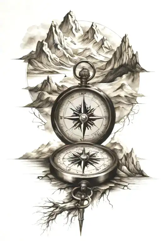 Compass Cartography Map Mountains Reflected