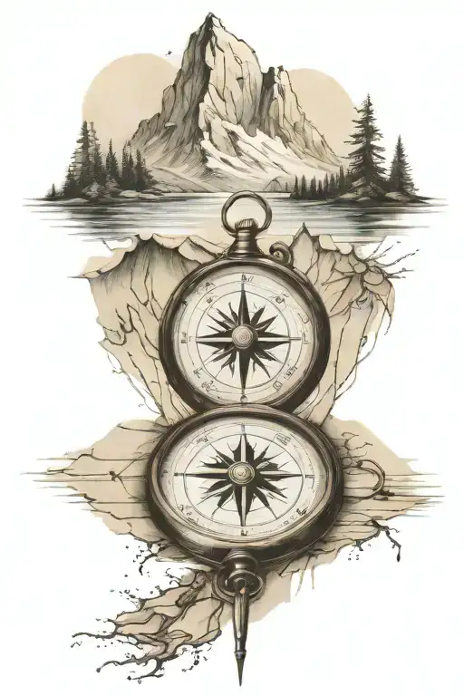 Compass Cartography Map Mountains Reflected