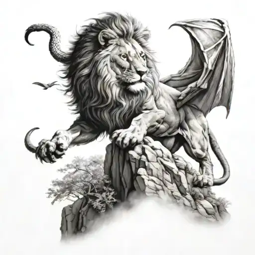 Lion On A Cliff With A Dragon Flying Over