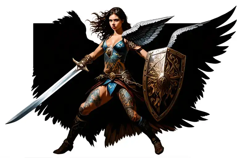 Valkyrie Midair Attack Pose With Sword And Shield