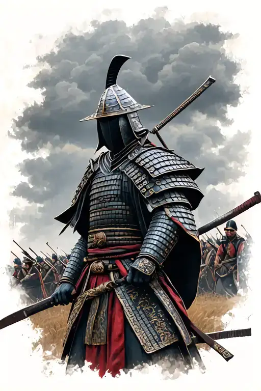Faceless Highly Detailed Samurai Standing In Front Of A Battlefield About To Go To War