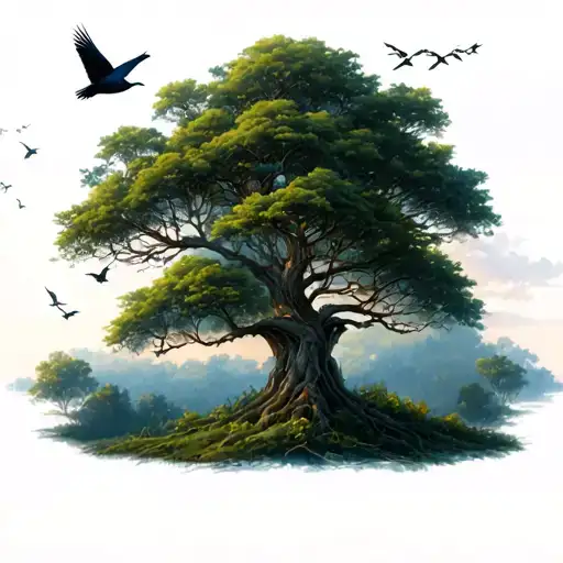 Living Tree With Birds Flying Together
