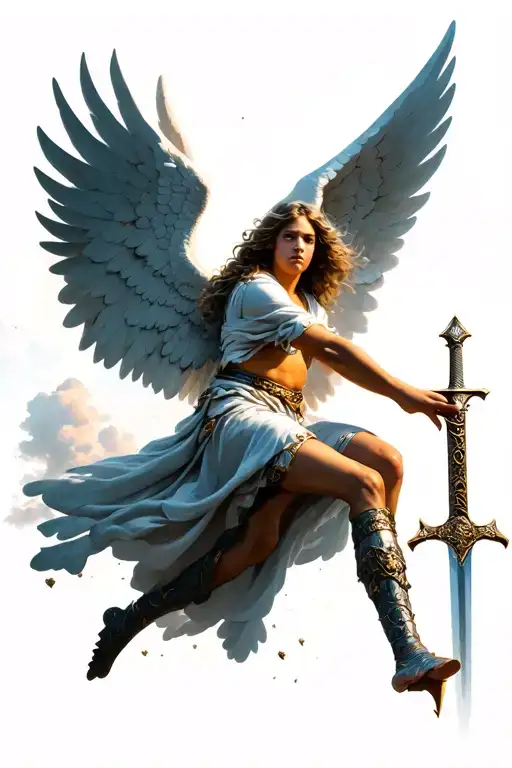 Guardian Angel With A Sword Flying Down From The Sky