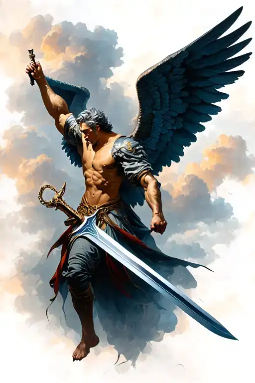 Male Guardian Angel With A Sword Flying Down From The Sky With His Wings Spread Out