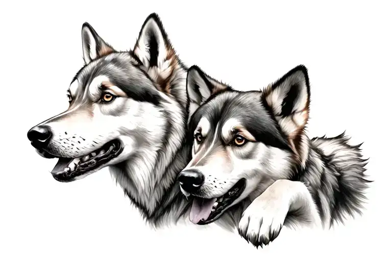 Dad Wolf With His Puppy