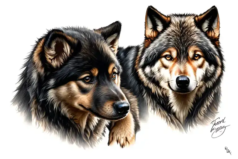 Wolf With His Little Puppy