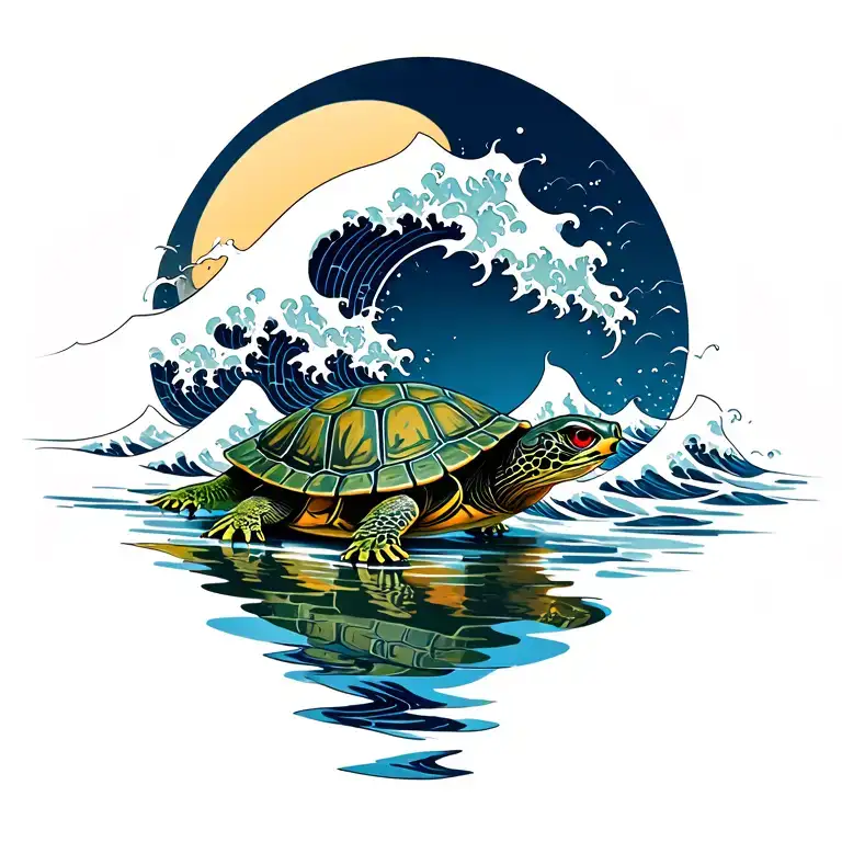 A Japanese Wave Design With A Red Eared Slider Turtle On It