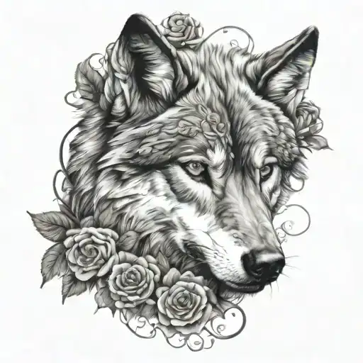 Wolf Head Surronded By Roses Entwined