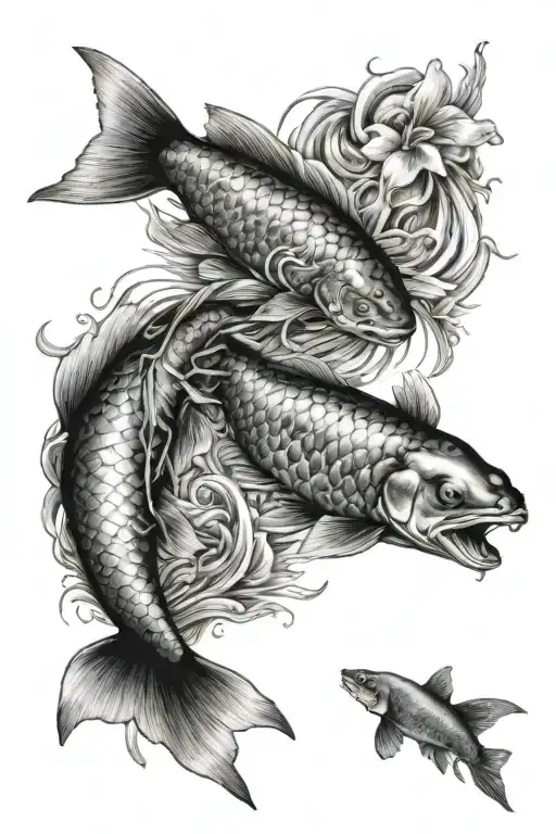 Koi And Trout Fish Swimming Upstream