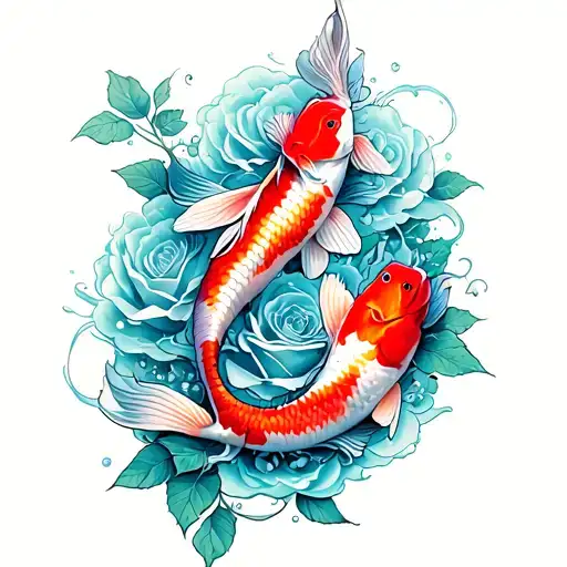 Koi Fish And Rose Surrounded