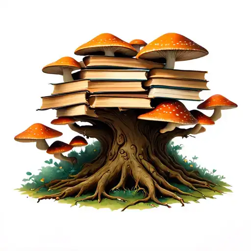 A Majestic Tree Trunk Covered In Intricate Book Spines And Mushrooms Growing At Its Base