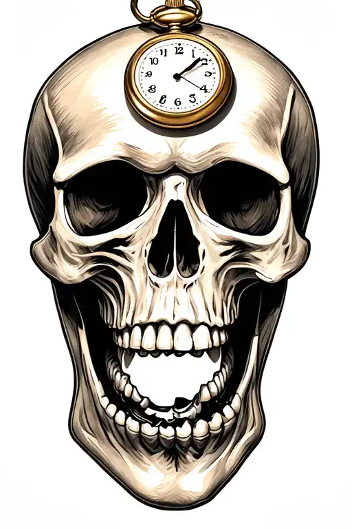 Skull With A Pocket Watch In Mouth Without Lower Jaw