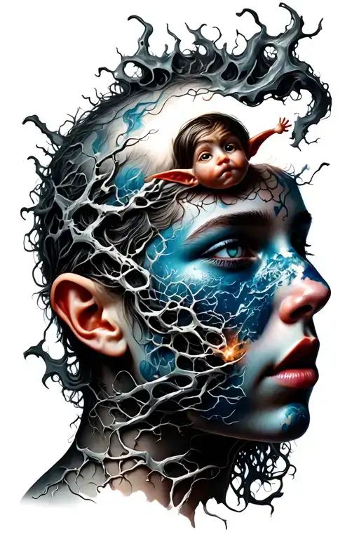 Chaotic Imaginary World With Little Elf Coming Out Of A Human Head