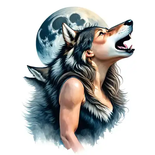 A Woman And A Wolf Howling At The Moon