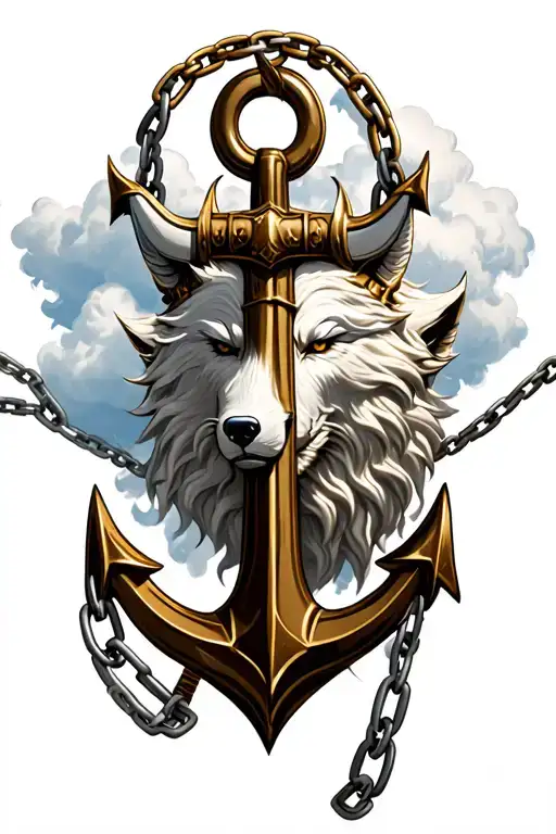 Fenrir In Clouds Bound By Chains Connected To Big Viking Anchor
