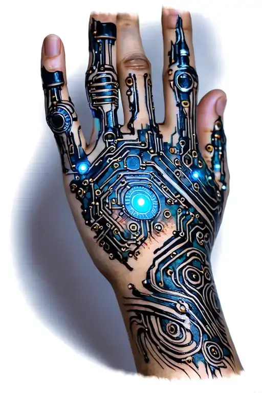 Henna Style With Bio Mechanical Hand And Arm Tattoo Showcasing Circuits And Lights Glowing