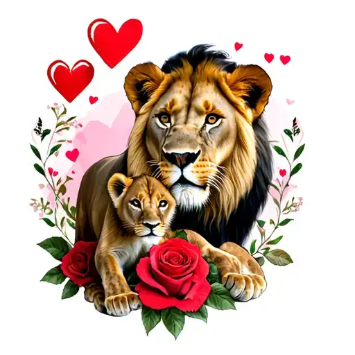 Lioness And Cub With Roses And Hearts