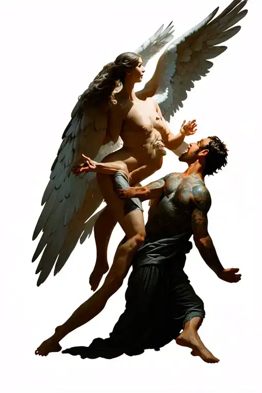 Female Angel Reaching Out To Man Being Pulled By 7 Deadly Sins