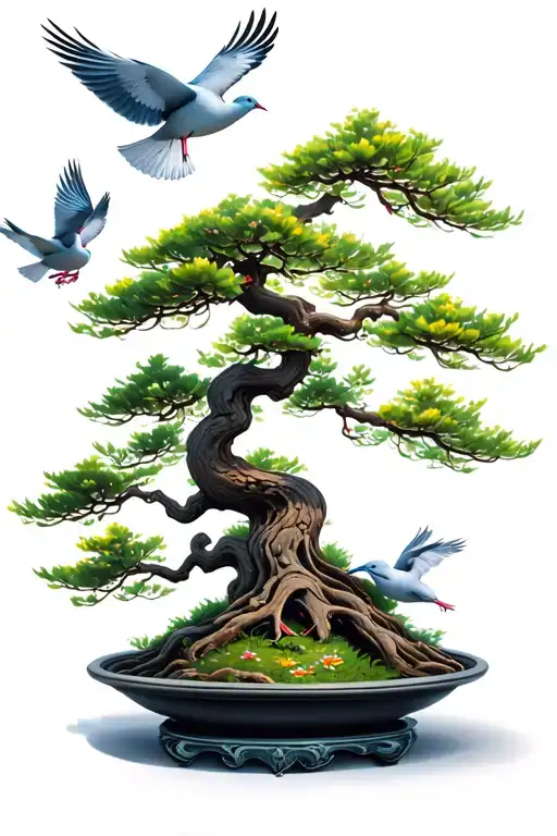 Three Doves Flying Around Bonsai Tree