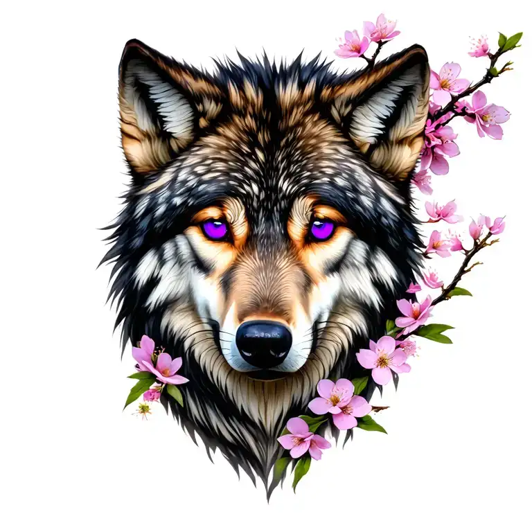 Wolf With Purple Eyes And Sakura Flowers