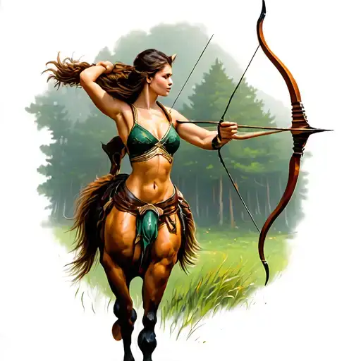 Centaur Woman Who Is Archery With Forest In The Background