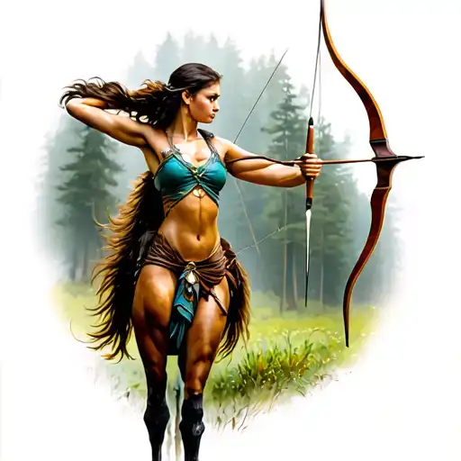 Centaur Woman Who Is Archery With Forest In The Background