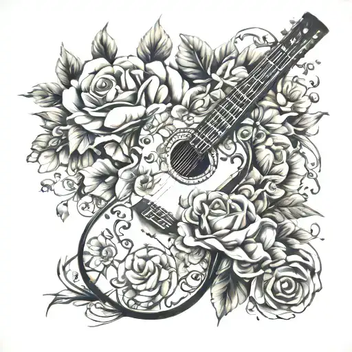 Guitar Floral Tattoo Colored Design Inspired