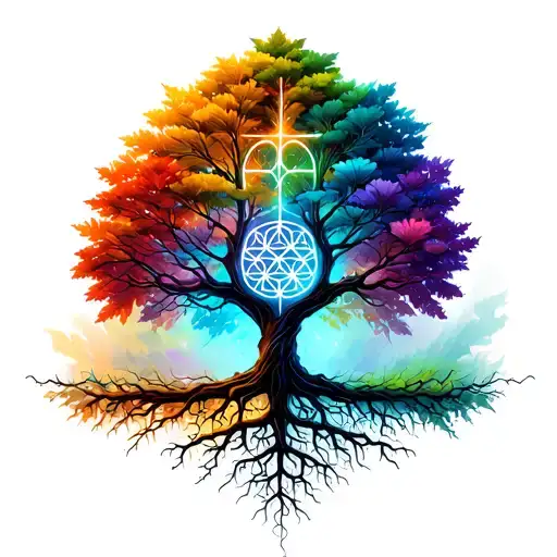 Tree Ekg With Colorful Leaves And Roots With The Flower Of Life In The Background