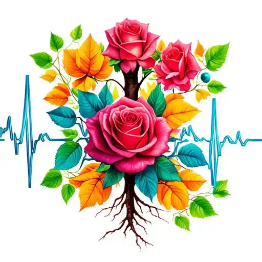 Tree Ekg With Colorful Leaves And Roots With Rose
