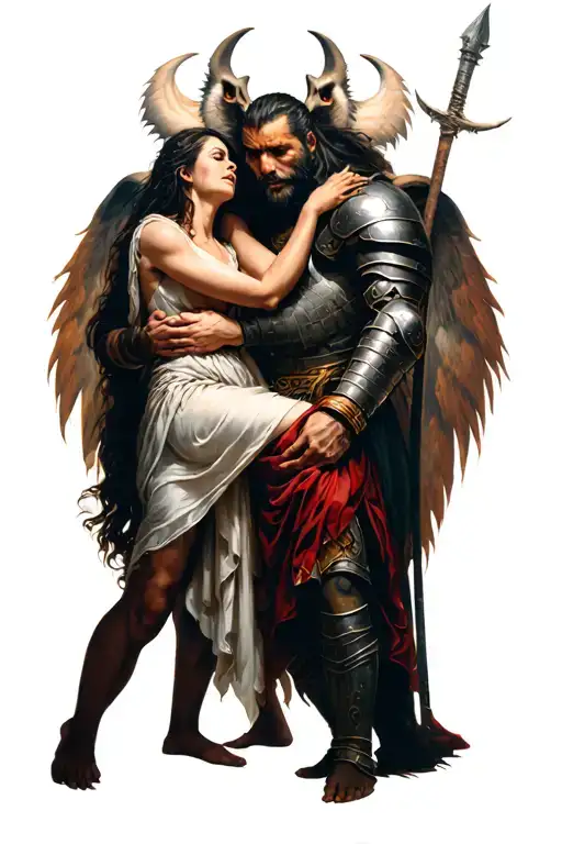 Crying Woman Between Daimons And A Man Warrior Take Her From There As He Holding Her From Her Hand