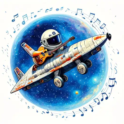 A Detailed Space Camper Cruising Through A Galaxy Filled With Musical Notes And Instruments