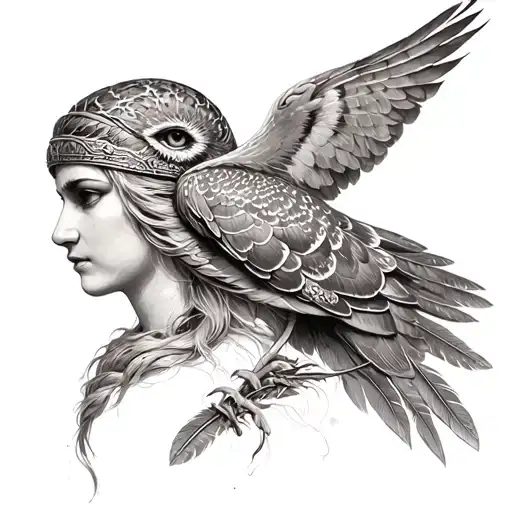 Goddess Athena With Owl Amd Feathers