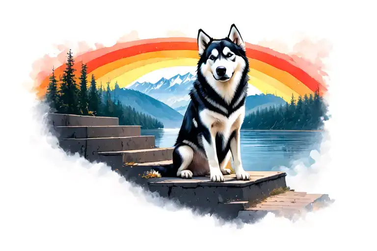 Husky Silloete Sitting At The Steps Of The Rainbow Bridge Looking Back Them One Last Time