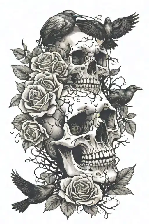 Skull Crows Trees Roses Intertwined