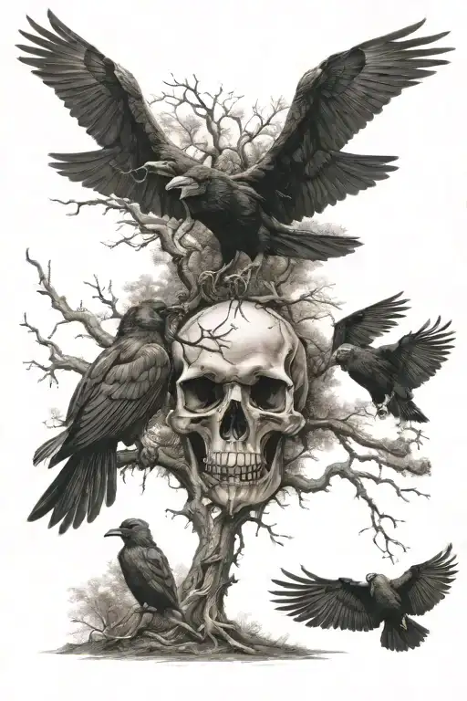 Skull Demon Trees Crows Flying
