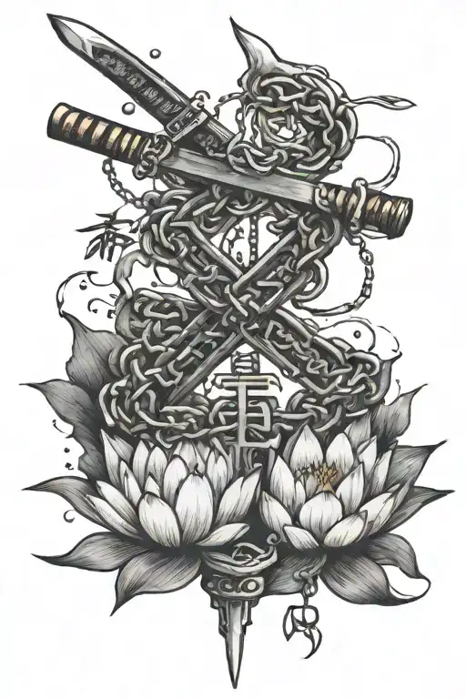 Japanese Kanji For Love Being Pierced By Katana With Chains And Lotus
