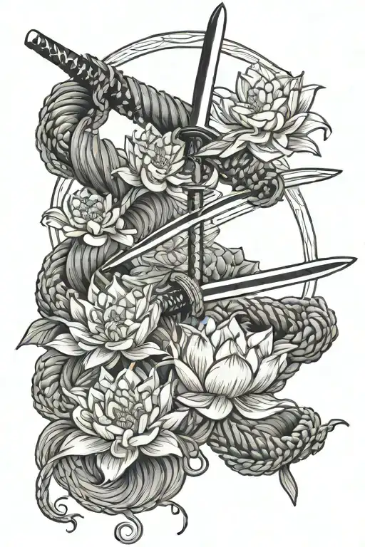 Japanese Symbol For Love Being Pierced By Katana With Rope And Lotus