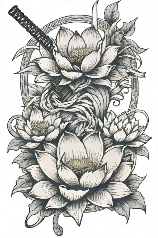 Japanese Symbol For Love Being Pierced By Katana With Rope And Lotus