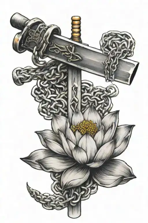 Japanese Symbol For Love Stabbed By Katana With Chain And Lotus Accnets